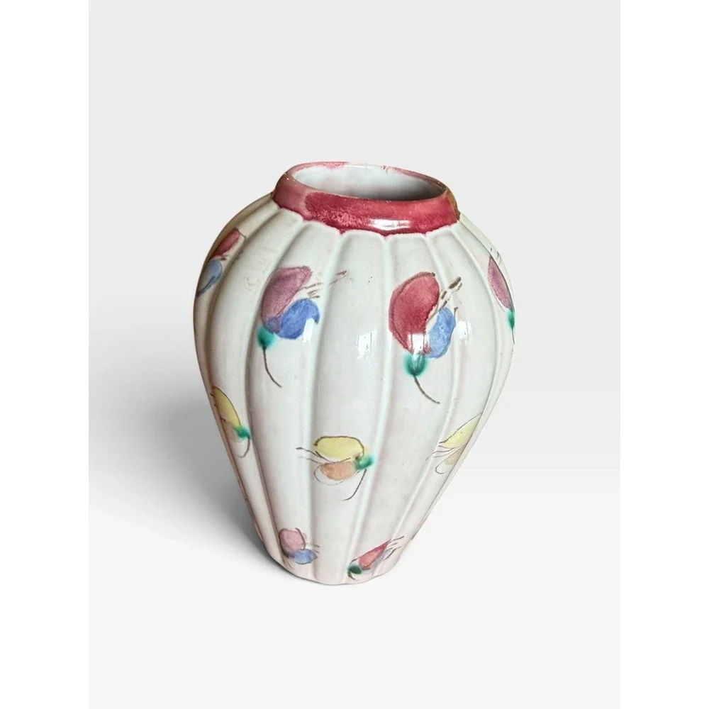 Vintage Arabia Finland ARA Art Pottery Hand Painted Floral Ribbed Vase Finnish